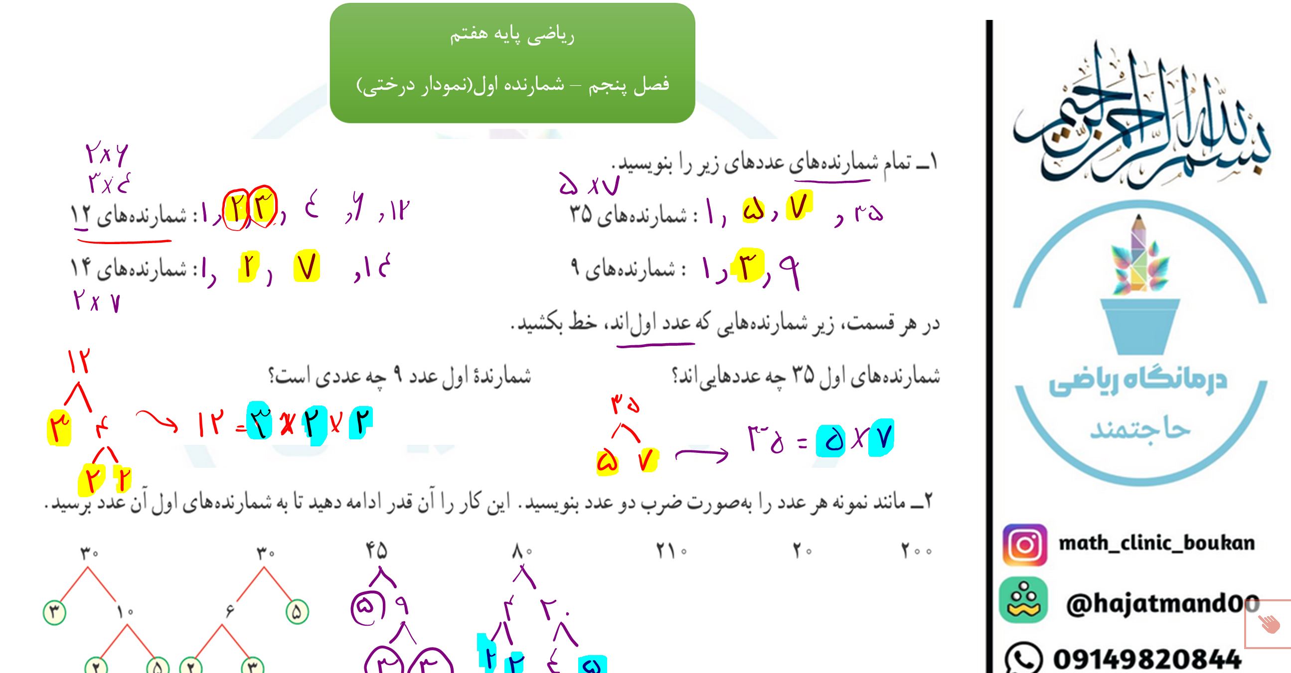 ریاضی پایه هفتم-فصل پنجم-شمانده های اول اعداد(نموداردرختی)